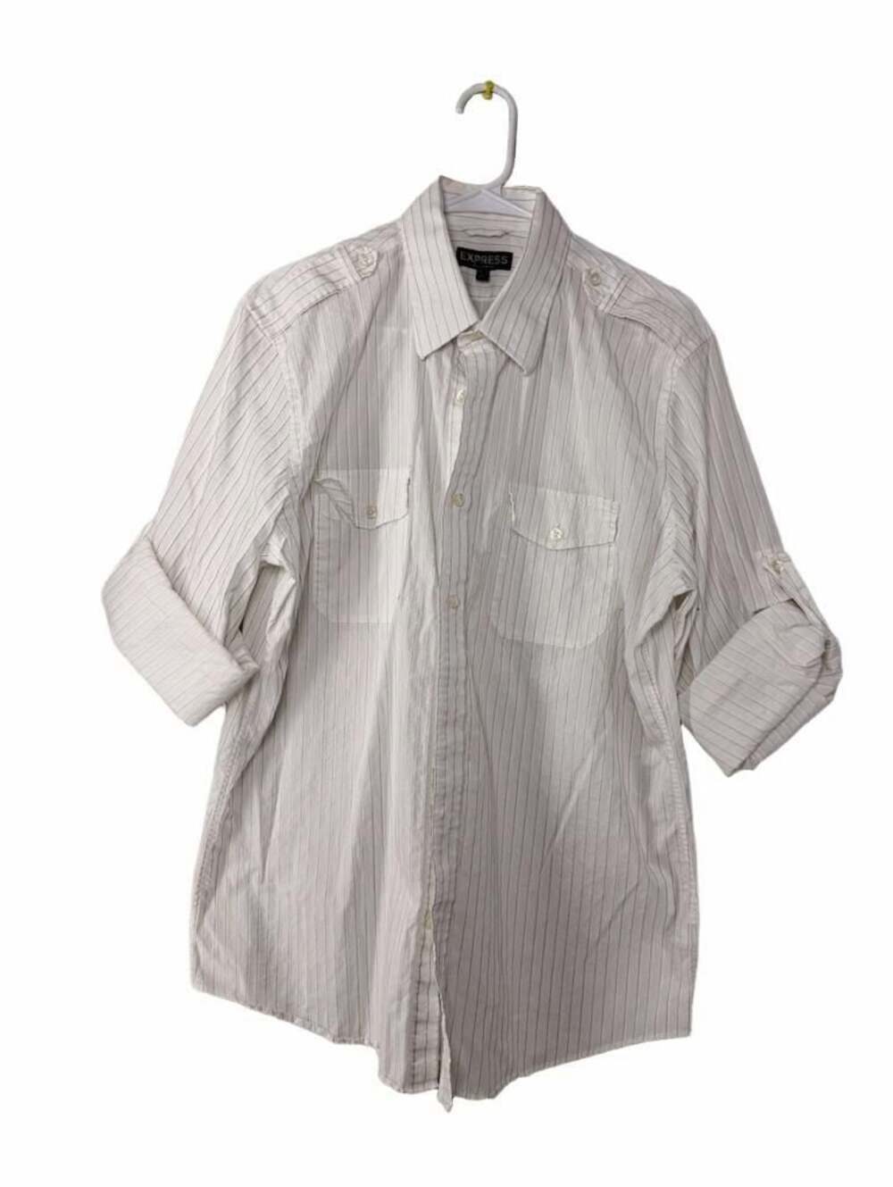 EXPRESS Modern Fit White Striped Double Pocket Long Sleeve Button Up Shirt Men's